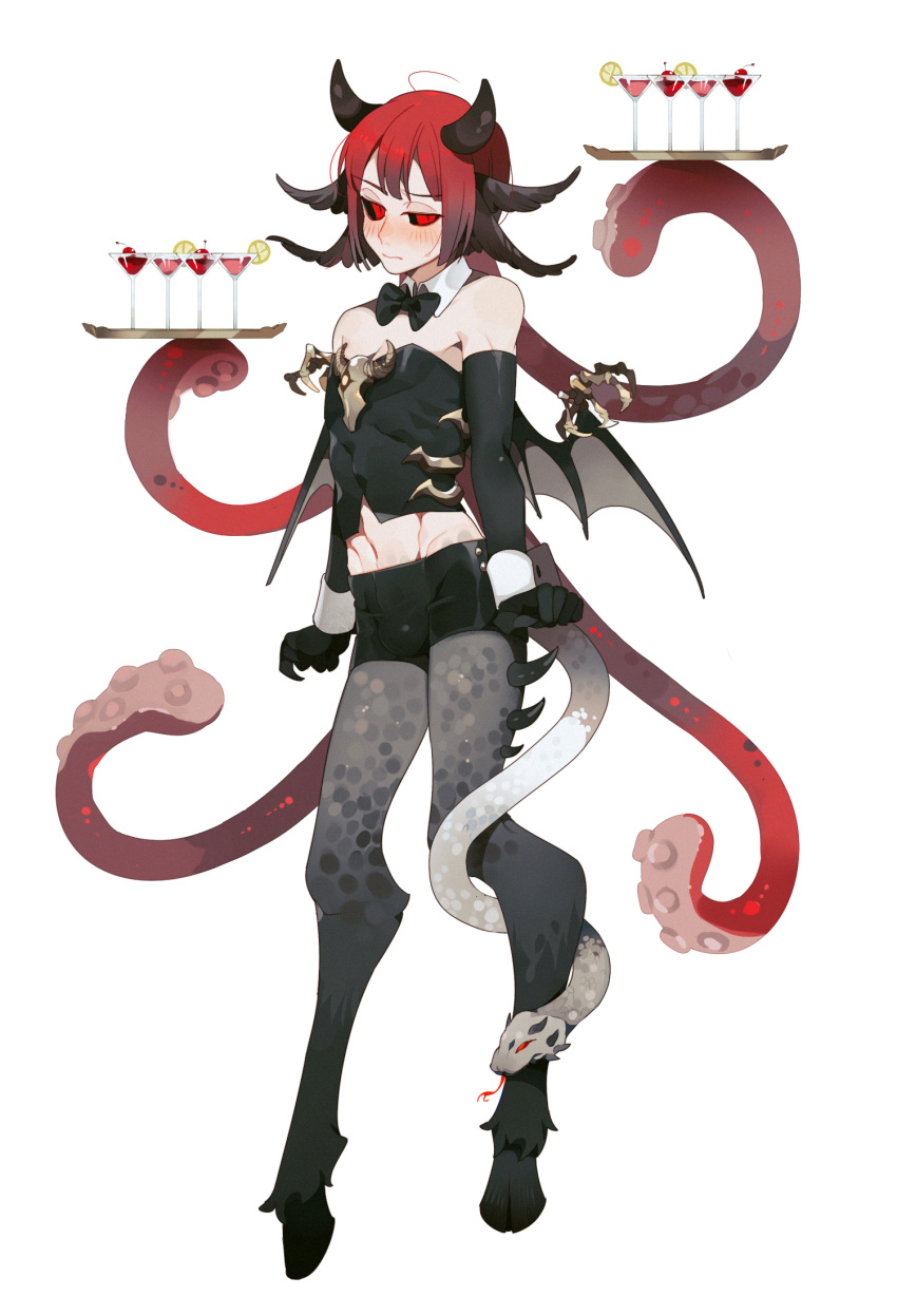 1boy, ahoge, animal_feet, black_bow, black_bowtie, black_gloves, black_horns, black_sclera