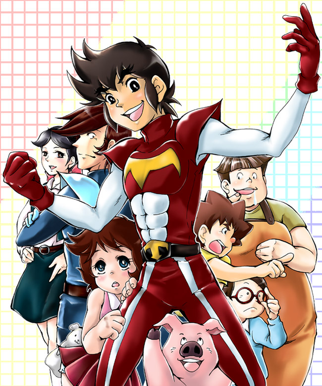 2girls, 6+boys, :d, abs, belt, black_hair, bodysuit, brown-framed_eyewear, drooling, glasses, gloves, hata_tanosuke, hiiragi_danji, karui_manabu, komaru_jirou, mirai_robo_daltanious, multiple_boys, multiple_girls, namako_nowata, ochame_(daltanious), pig, red_gloves, red_skirt, retro_artstyle, saliva, shiratori_sanae, sideburns, skirt, smile, spiky_hair, tate_kento, tonsuke_(daltanious)