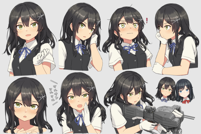 asashio_(kancolle), asashio_kai_ni_(kancolle), black_hair, black_jacket, blue_choker, blue_eyes, choker, embarrassed