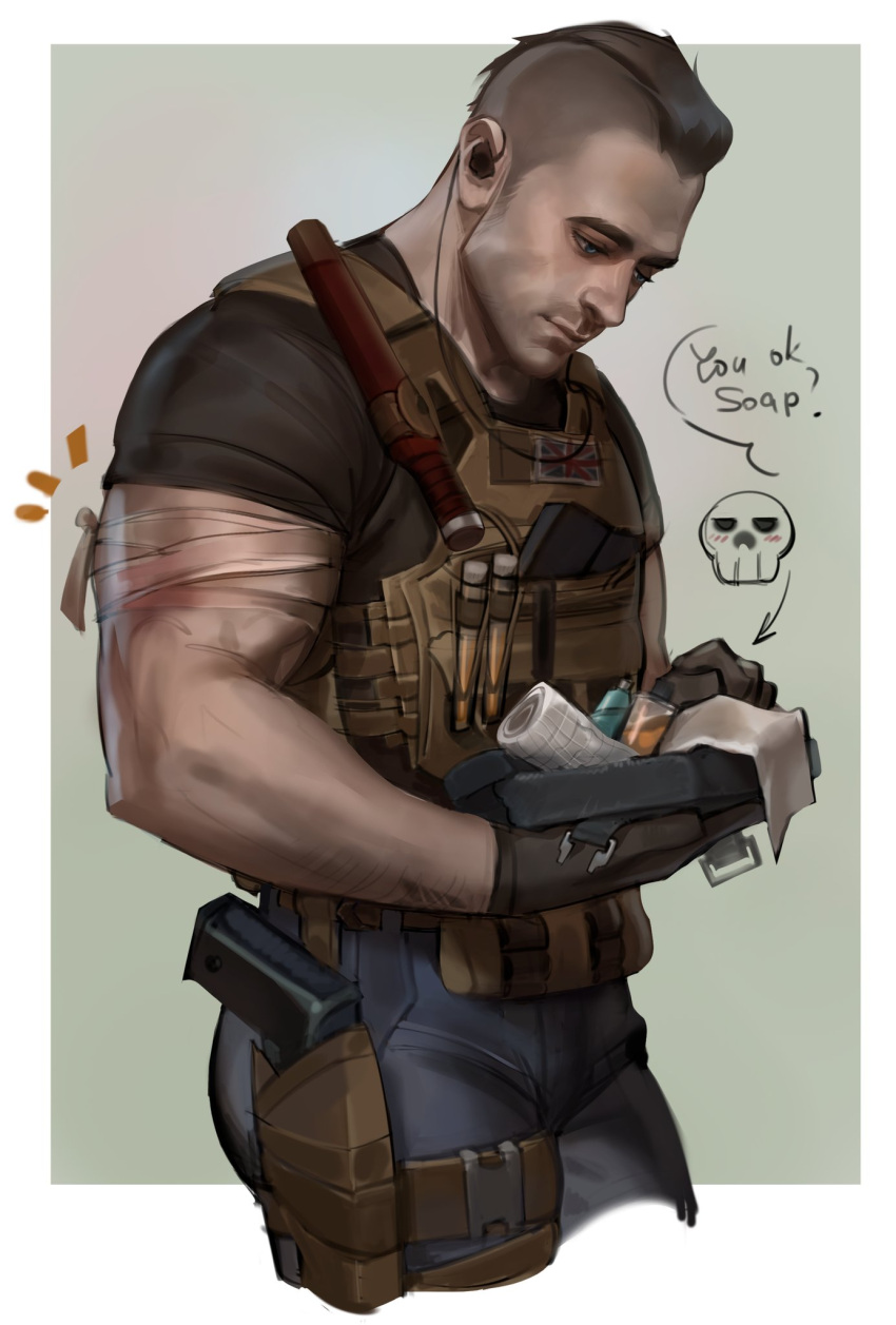 1boy, bandaged_arm, bandages, black_gloves, black_hair, black_pants, black_shirt, bulletproof_vest