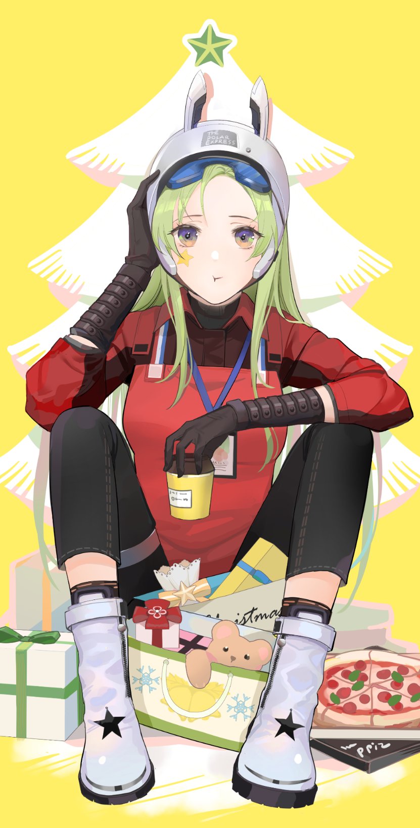 1girl, animal_ears, apron, bangs, black_gloves, black_pants, blue_eyes, boots, box, breasts, chilli_646, christmas, christmas_tree, closed_mouth, coffee_cup, cup, denim, disposable_cup, elbow_gloves, eyewear_on_head, facial_mark, fake_animal_ears, food, fp-6_(girls'_frontline), fp-6_(satellite_of_love)_(girls'_frontline), full_body, gift, gift_box, girls_frontline, gloves, green_hair, helmet, highres, holding, holding_cup, id_card, jeans, long_hair, long_sleeves, looking_at_viewer, merry_christmas, motorcycle_helmet, multicolored_eyes, official_alternate_costume, orange_eyes, pants, pizza, polo_shirt, red_apron, red_shirt, safety_glasses, shirt, sitting, socks, solo, star_(symbol), star_facial_mark, star_tattoo, tattoo, toy, white_footwear, white_helmet, yellow_background