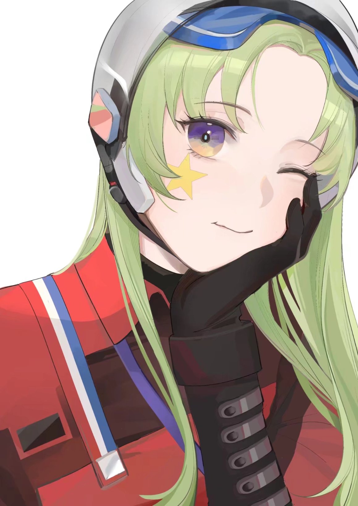 1girl, bangs, black_gloves, blue_eyes, chilli_646, closed_mouth, elbow_gloves, eyewear_on_head