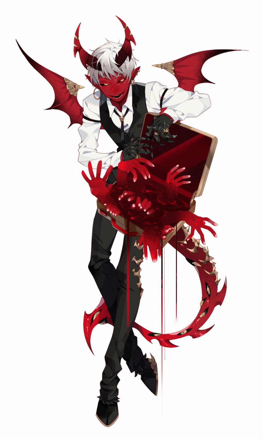 1boy, ambiguous_red_liquid, animal_feet, arm_strap, ascot, black_ascot, black_gloves, black_horns