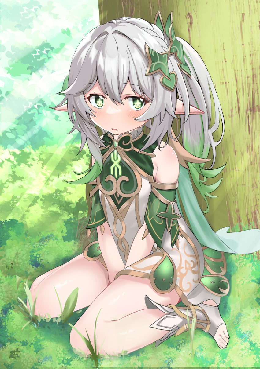 1girl, absurdres, bangs, blurry, blush, commentary_request, depth_of_field, detached_sleeves
