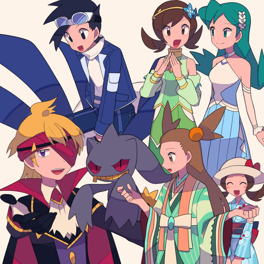 2boys, 3girls, :d, ascot, bangs, bare_shoulders, black_hair, blonde_hair