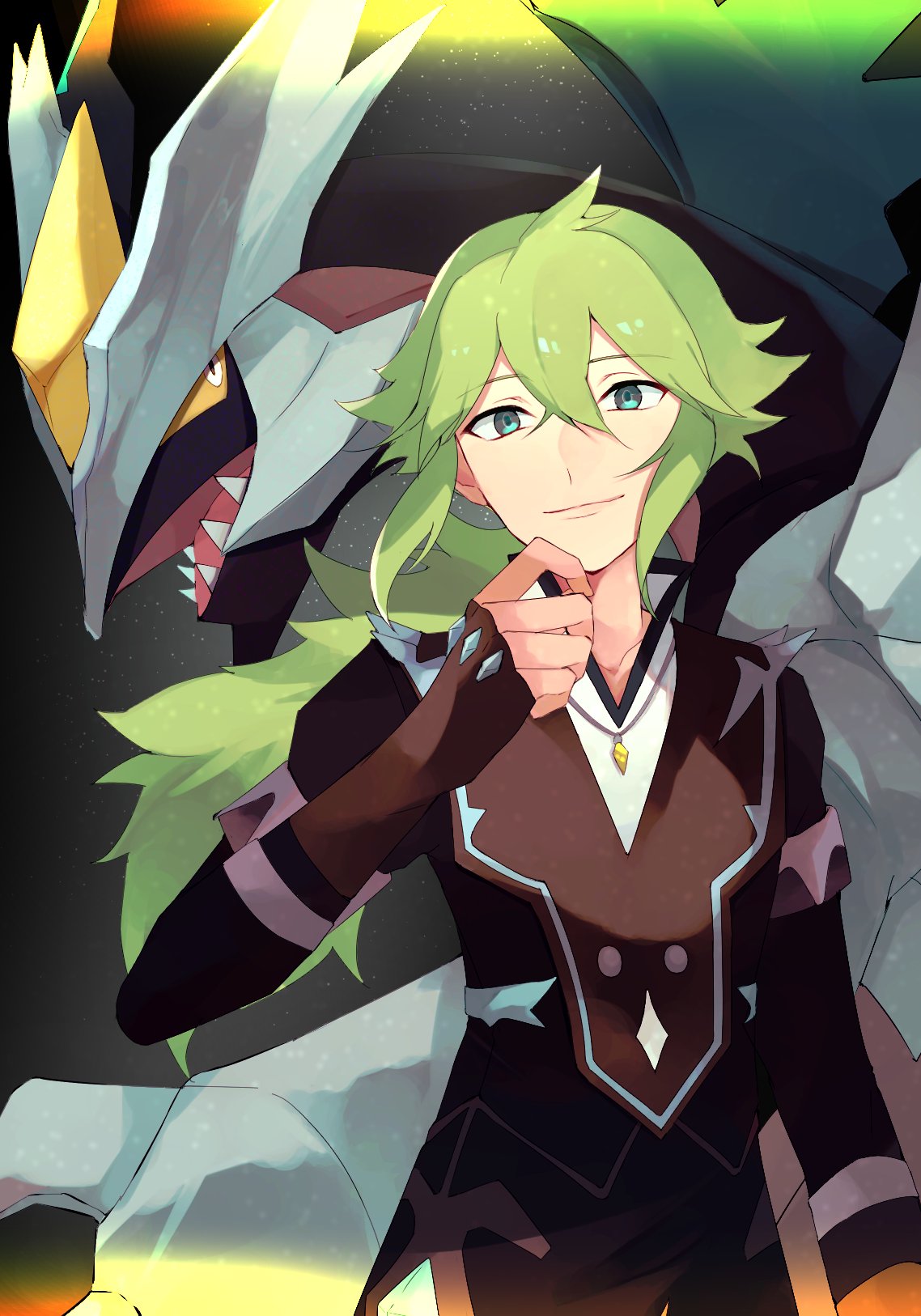 1boy, bangs, black_kyurem, closed_mouth, commentary_request, cowlick, green_eyes, green_hair