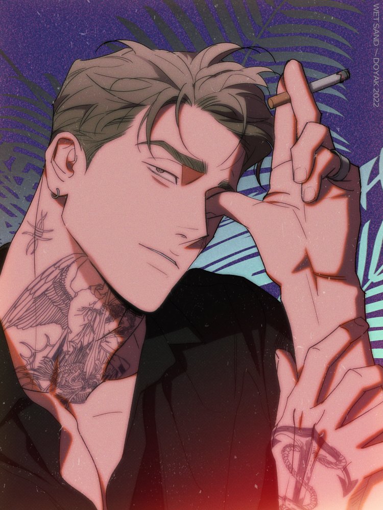 artist_name, black_shirt, cigarette, collared_shirt, commentary, copyright_name, dkbyak, dress_shirt, earrings, hand_tattoo, holding, holding_cigarette, jewelry, korean_commentary, looking_at_viewer, neck_tattoo, partially_unbuttoned, pectoral_cleavage, pectorals, ring, scar, scar_on_cheek, scar_on_face, shirt, single_earring, symbol-only_commentary, tattoo, thick_eyebrows, tj_(wet_sand), wet_sand