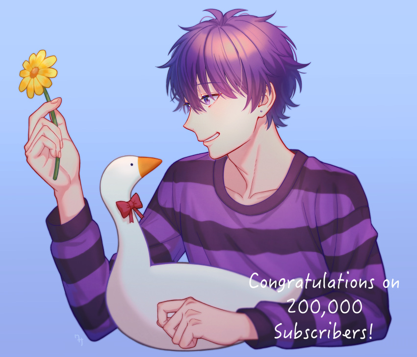 1boy, absurdres, bird, blue_background, congratulations, earrings, flower, goose