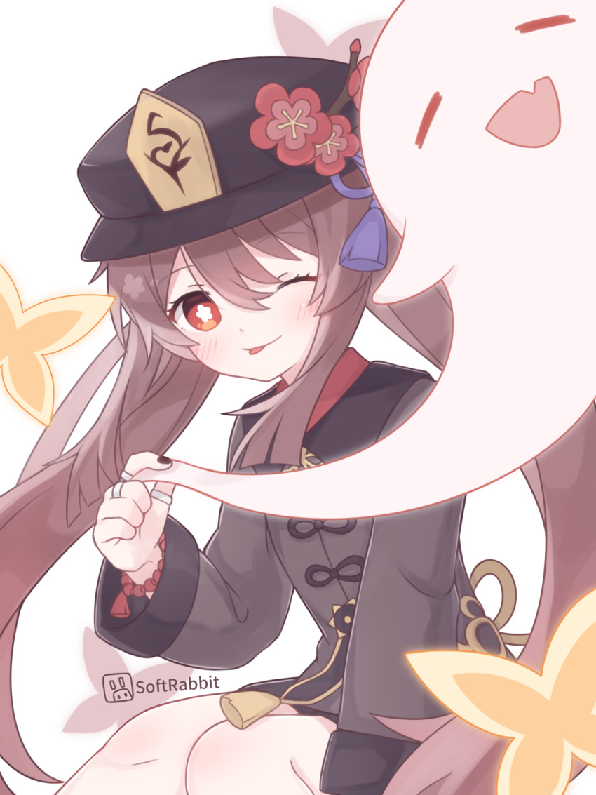 1girl, :d, ;), ;p, bangs, black_nails, boo_tao_(genshin_impact), brown_hair