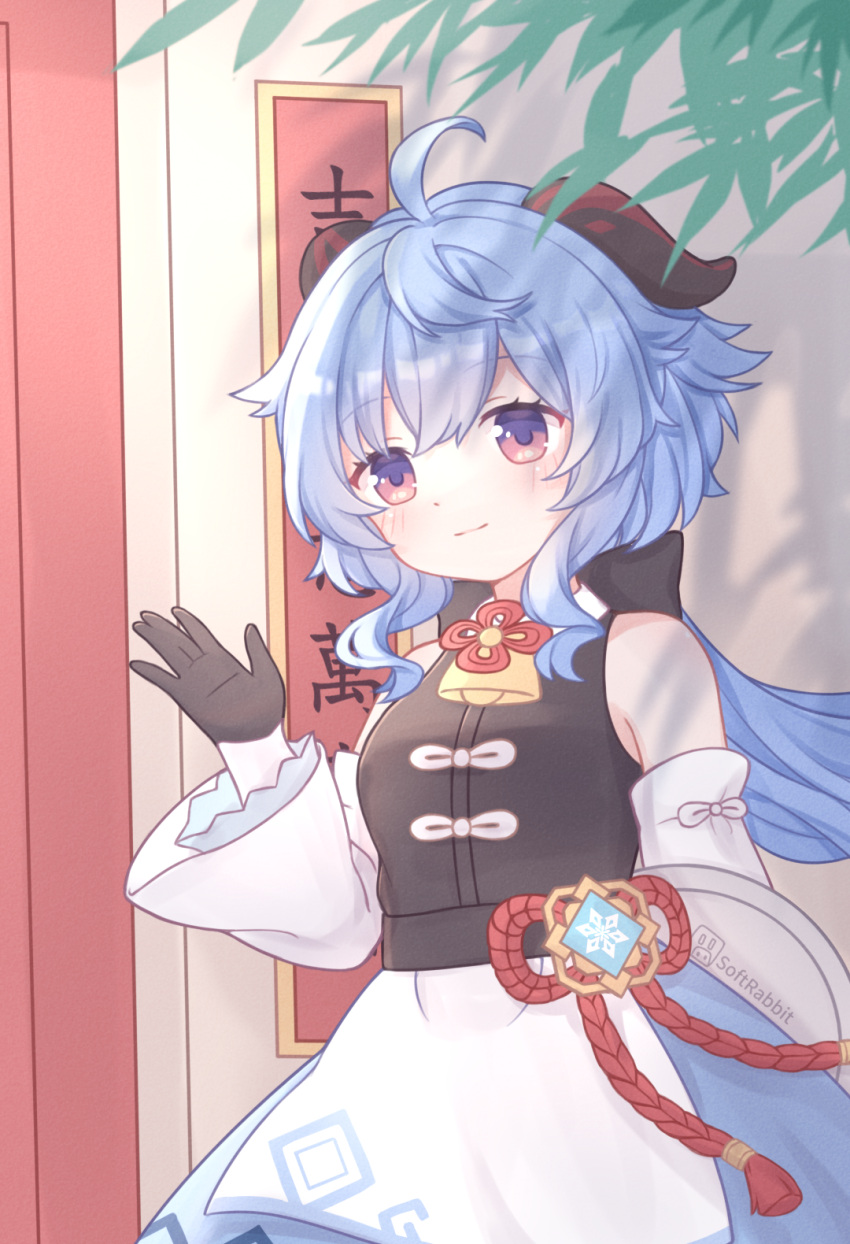 1girl, ahoge, apron, bangs, black_gloves, blue_hair, chinese_clothes, commentary_request