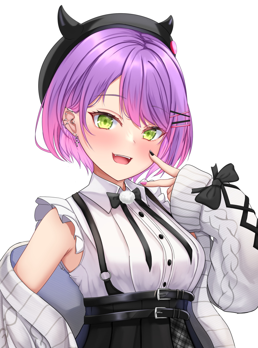 1girl, :d, absurdres, arm_at_side, bangs, beret, black_bow, black_bowtie, black_headwear, black_nails, black_skirt, bob_cut, bow, bowtie, breasts, cardigan, collared_shirt, ear_piercing, fake_horns, fangs, frilled_shirt, frilled_sleeves, frills, gradient_hair, green_eyes, grey_cardigan, hachi7515, hair_ornament, hairclip, hat, high-waist_skirt, highres, hololive, horned_headwear, horns, jirai_kei, light_blush, looking_at_viewer, multicolored_hair, multicolored_nails, official_alternate_hair_length, official_alternate_hairstyle, open_cardigan, open_clothes, open_mouth, piercing, pink_hair, pink_nails, pleated_skirt, pointy_ears, pom_pom_(clothes), purple_hair, shirt, short_hair, short_sleeves, skirt, small_breasts, smile, solo, suspender_skirt, suspenders, swept_bangs, tokoyami_towa, v, virtual_youtuber, white_shirt
