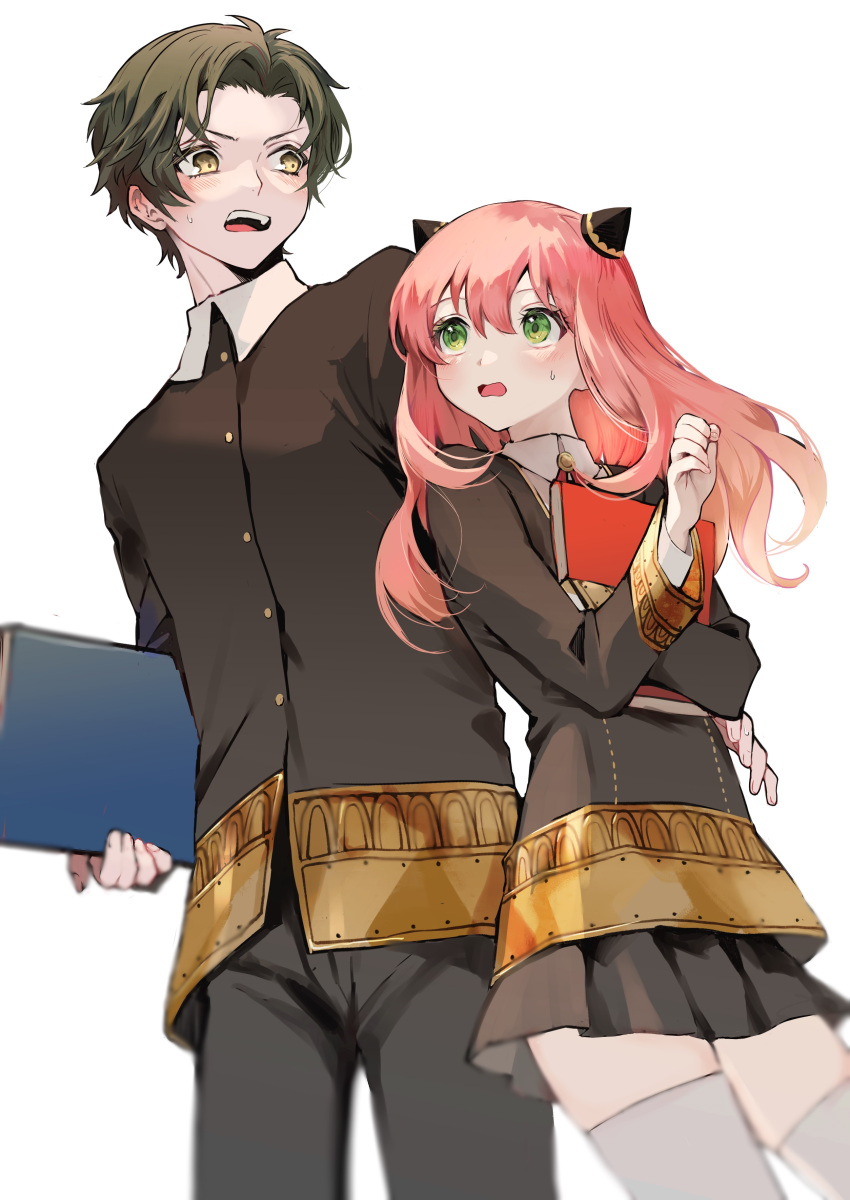 1boy, 1girl, absurdres, aged_up, anya_(spy_x_family), bangs, blush, book