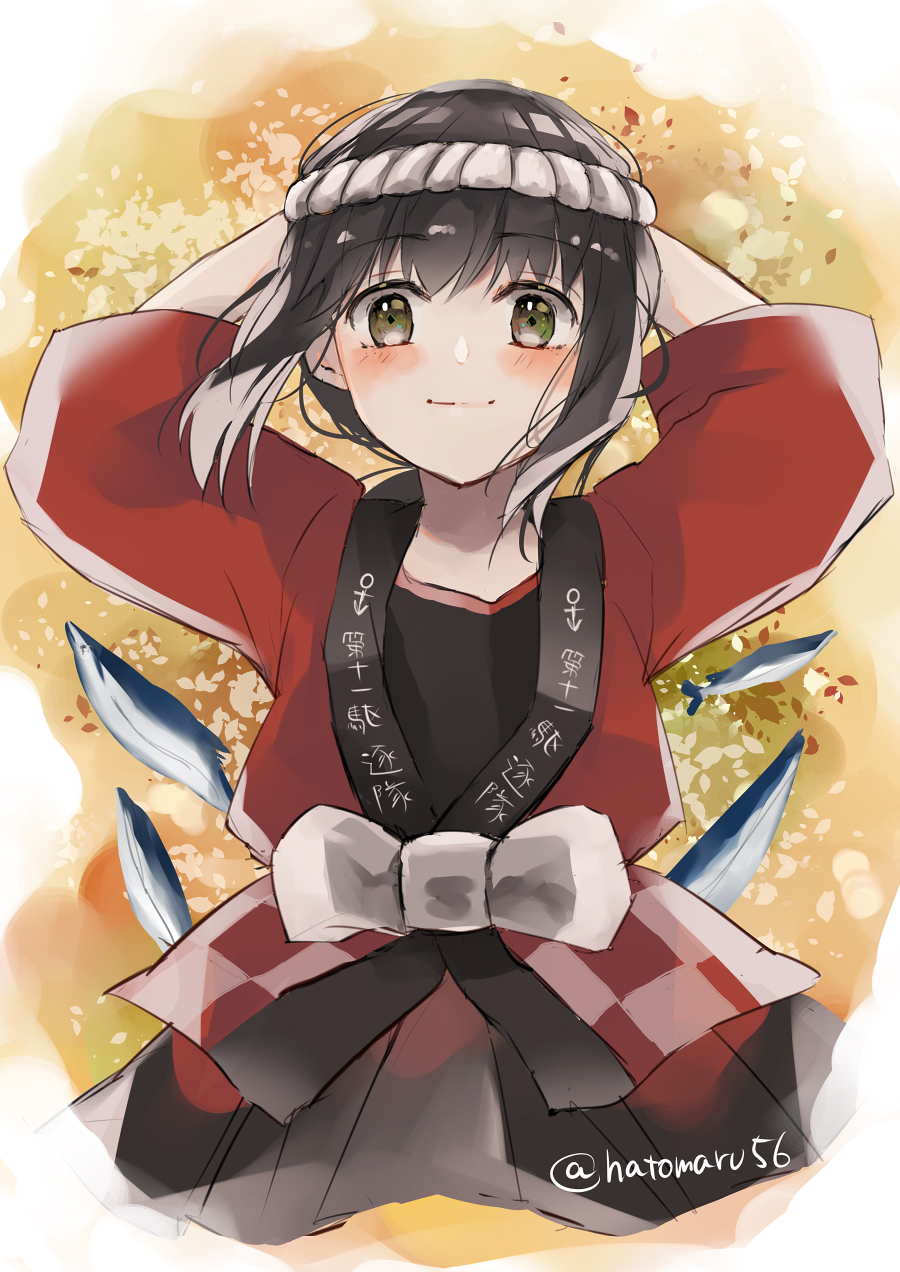 1girl, black_hair, black_shirt, fish, fubuki_(kancolle), fubuki_kai_ni_(kancolle), green_eyes, happi, hatomaru_(hatomaru56), headband, highres, japanese_clothes, kantai_collection, looking_at_viewer, low_ponytail, medium_hair, official_alternate_costume, one-hour_drawing_challenge, ponytail, saury, shirt, short_ponytail, sidelocks, solo, twitter_username