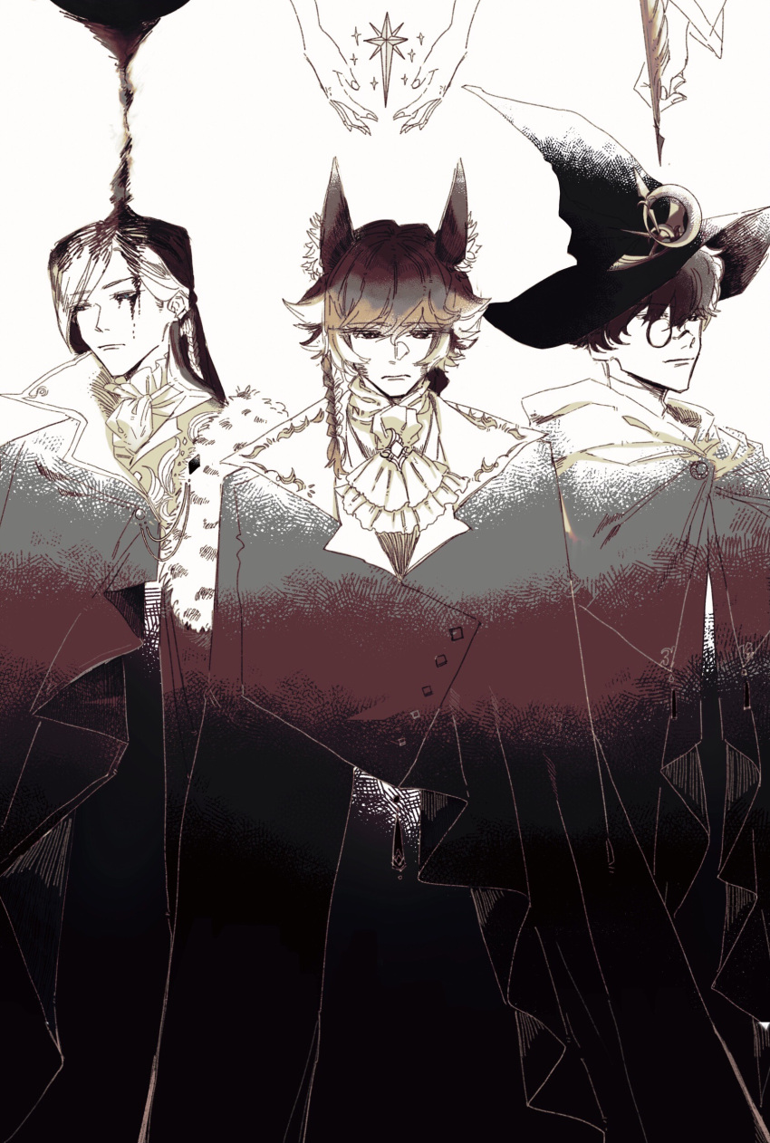 3boys, absurdres, adam_(lord_of_the_mysteries), amon_(lord_of_the_mysteries), angel, antigonus_(lord_of_the_mysteries), bangs, black_eyes, black_hair, blue_eyes, braid, brown_eyes, chinese_commentary, commentary_request, corruption, evernight_goddess, handkerchief, hat, highres, holding, holding_quill, jacket, long_hair, lord_of_the_mysteries, mixed-language_commentary, monocle, mr._door, multiple_boys, nail, politelemon, quill, robe, simple_background, star_(symbol), white_background, wizard_hat, wolf_boy