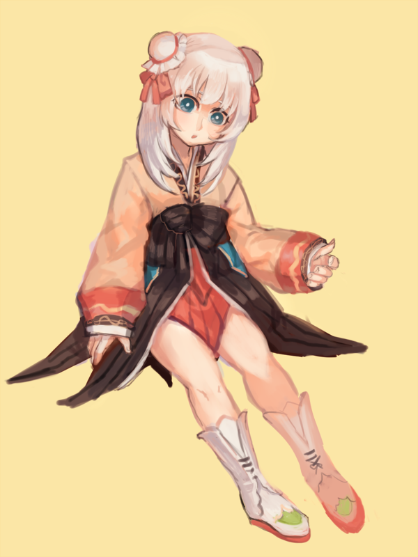 1girl, bangs, blue_eyes, blush, boots, bow, bright_pupils, brown_sash, bun_cover, buubuu_(loli69), chinese_commentary, commentary_request, double_bun, full_body, hair_bow, hair_bun, hanbok, korean_clothes, long_hair, looking_down, open_mouth, orange_hanbok, ragnarok_online, red_bow, simple_background, sleeves_past_wrists, solo, soul_linker_(ragnarok_online), white_footwear, white_hair, white_pupils, yellow_background