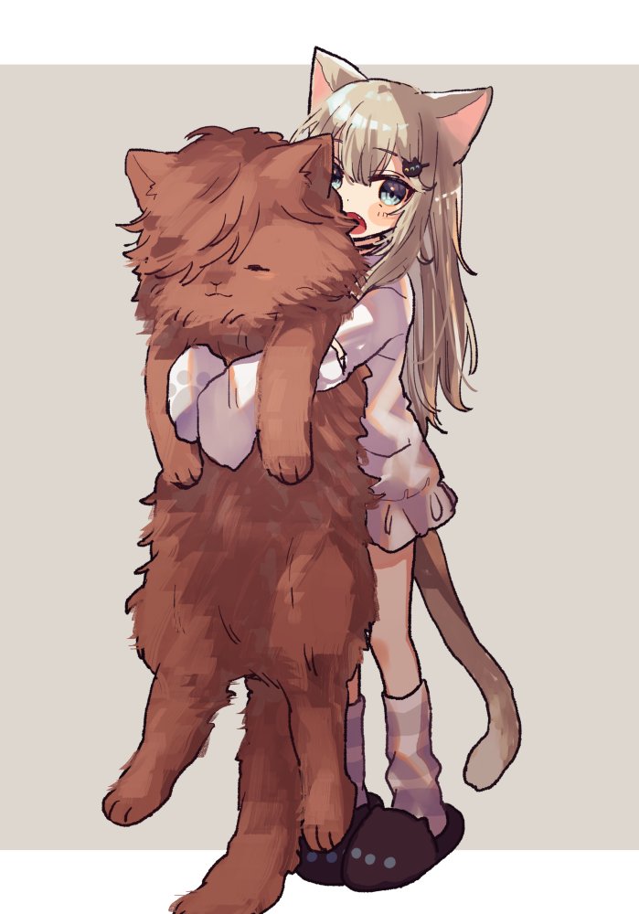 1girl, :o, animal, animal_ears, cat, cat_ears, cat_girl, cat_tail, dress, holding, holding_animal, indie_virtual_youtuber, kokkovvv, light_brown_hair, long_hair, long_sleeves, looking_at_viewer, nachoneko, open_mouth, oversized_animal, short_dress, sleeves_past_fingers, sleeves_past_wrists, slippers, tail, virtual_youtuber, white_dress