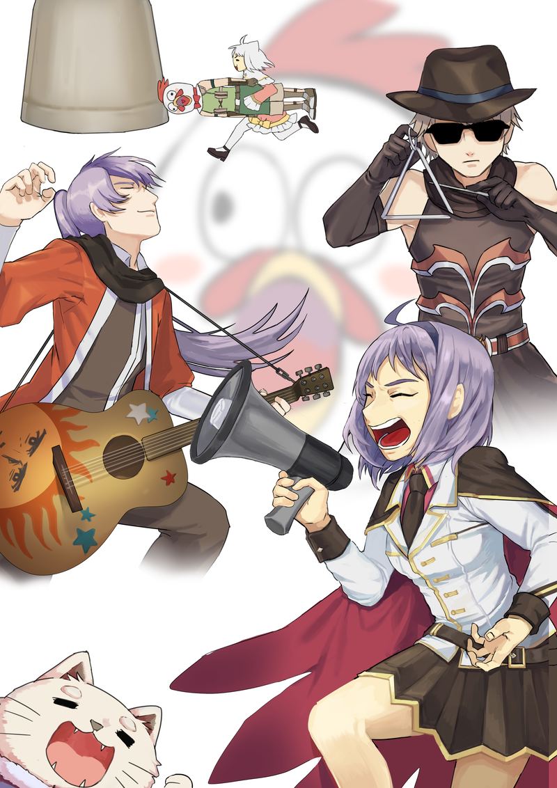 2girls, 4boys, acoustic_guitar, ahoge, arch_bishop_(ragnarok_online), bangs, bell, black_footwear