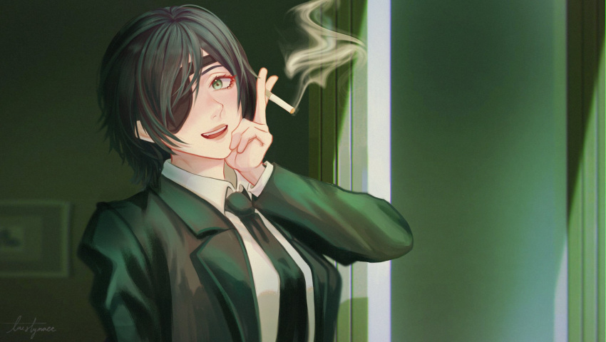 1girl, black_hair, black_jacket, black_necktie, breasts, chainsaw_man, cigarette, collared_shirt