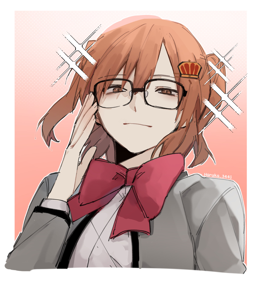 1girl, adjusting_eyewear, aijou_karen, arm_at_side, artist_name, bangs, bespectacled, black-framed_eyewear