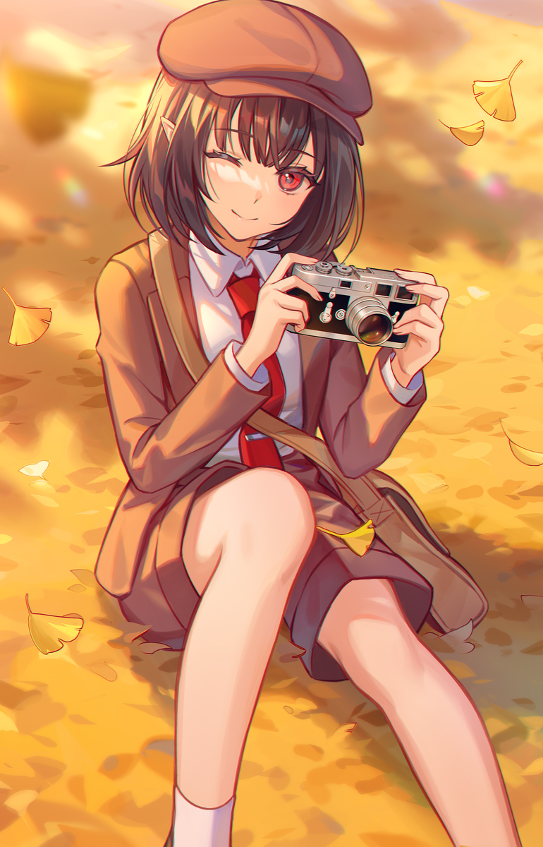 1girl, autumn, autumn_leaves, bag, bangs, beret, breasts, brown_bag
