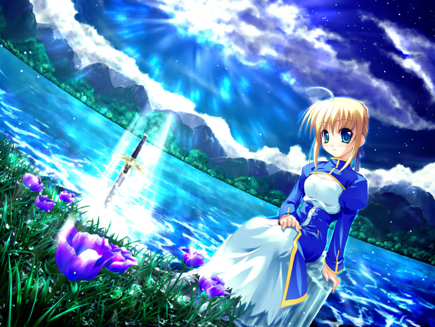 blonde_hair, blue_eyes, fate/stay_night, fate_(series), flower, nature, onsokuzekuu, saber