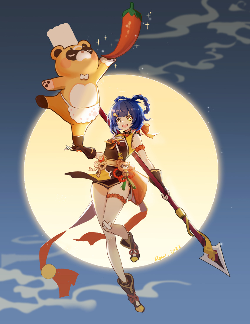 1girl, :d, absurdres, armlet, bandaid, bandaid_on_knee, bandaid_on_leg, bangs, black_hair, blunt_bangs, braid, cherilynorz, chili_pepper, chinese_clothes, commentary_request, full_body, full_moon, genshin_impact, guoba_(genshin_impact), hair_ornament, hairclip, highres, holding, holding_polearm, holding_weapon, long_hair, looking_at_viewer, moon, polearm, red_panda, sidelocks, simple_background, sleeveless, smile, spear, standing, standing_on_one_leg, thighlet, twin_braids, vision_(genshin_impact), weapon, xiangling_(genshin_impact), yellow_eyes