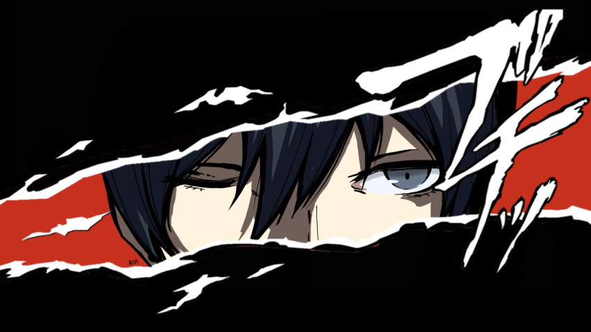 1boy, bangs, black_hair, chainsaw_man, close-up, eye_focus, hair_between_eyes, hayakawa_aki, highres, ll0ejnzw0ll, looking_at_viewer, one_eye_closed, parody, persona, persona_5, persona_eyes, red_background, short_hair, solo, style_parody