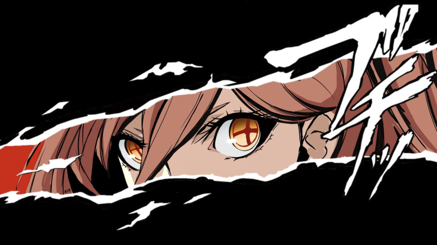 1girl, chainsaw_man, close-up, cross-shaped_pupils, eye_focus, hair_between_eyes, highres, ll0ejnzw0ll