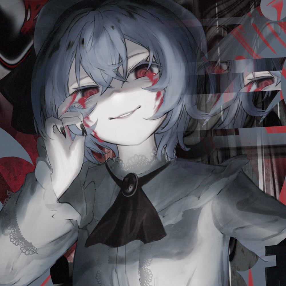 1girl, ascot, black_ascot, black_nails, blood, blood_from_eyes, evil_grin, evil_smile