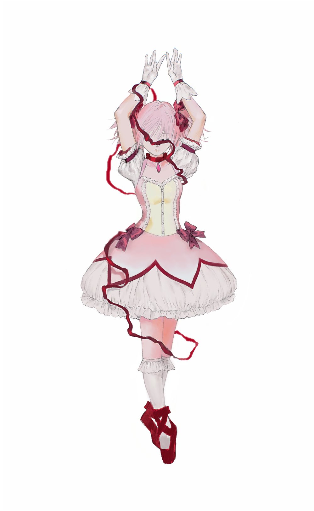 1girl, ankle_ribbon, arms_up, ballet_slippers, bow, bubble_skirt, choker, closed_eyes