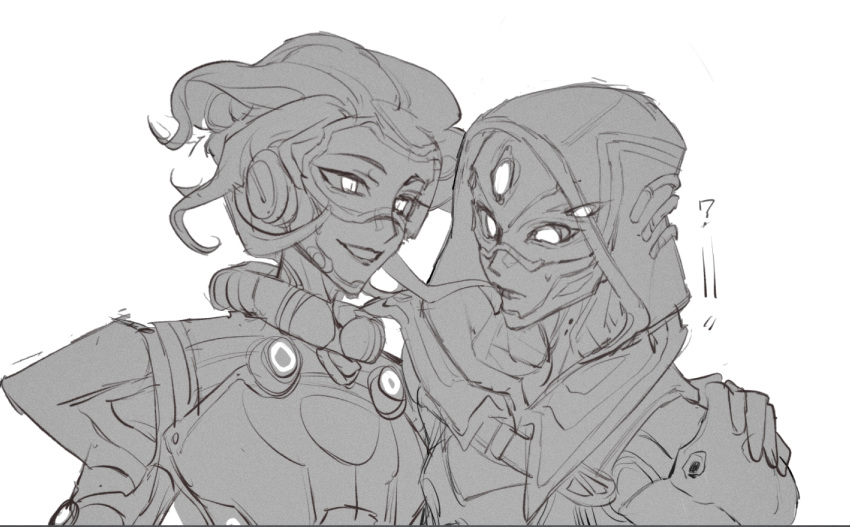 2girls, ?, android, apex_legends, ash_(titanfall_2), denizen_of_the_deep_ash, goggles, greyscale, hand_on_another's_shoulder, highres, hood, hood_up, horizon_(apex_legends), mask, monochrome, multiple_girls, official_alternate_costume, overfloater_horizon, parted_lips, portrait, ruu47, short_hair, sketch, smile, spacesuit, white_background
