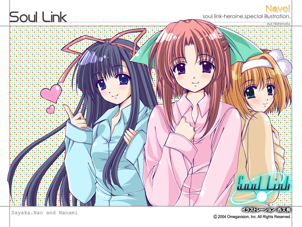 blue_eyes, blue_hair, blush, green_eyes, hair_ribbon, hairband, heart, inatsuki_nanami