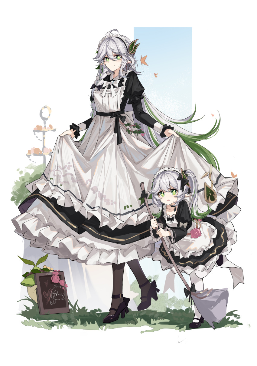 2girls, absurdres, alternate_costume, apron, bangs, black_bow, black_footwear, black_pantyhose