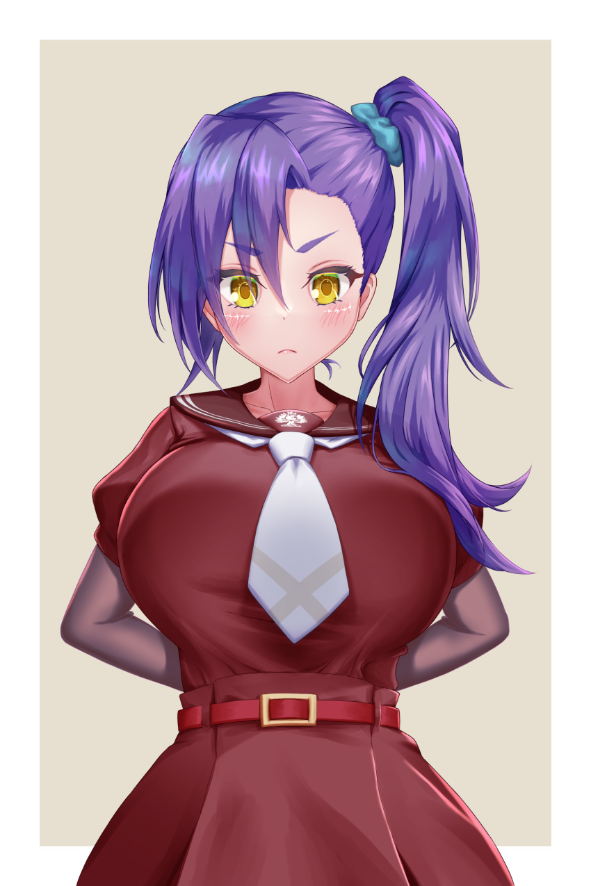 1girl, arms_behind_back, assault_lily, asymmetrical_bangs, bangs, belt, belt_buckle, blue_scrunchie, blush, border, breasts, brown_background, brown_gloves, brown_sailor_collar, buckle, closed_mouth, collarbone, commentary_request, elbow_gloves, frown, gloves, hair_between_eyes, hair_ornament, hair_scrunchie, high-waist_skirt, high_ponytail, highres, honma_akehi, kanba_girls_high_school_uniform, large_breasts, long_hair, looking_at_viewer, necktie, outside_border, puffy_sleeves, purple_hair, red_belt, red_shirt, red_skirt, sailor_collar, school_uniform, scrunchie, serafuku, shirt, side_ponytail, simple_background, skirt, solo, standing, ueharu, upper_body, v-shaped_eyebrows, white_border, white_necktie, yellow_eyes
