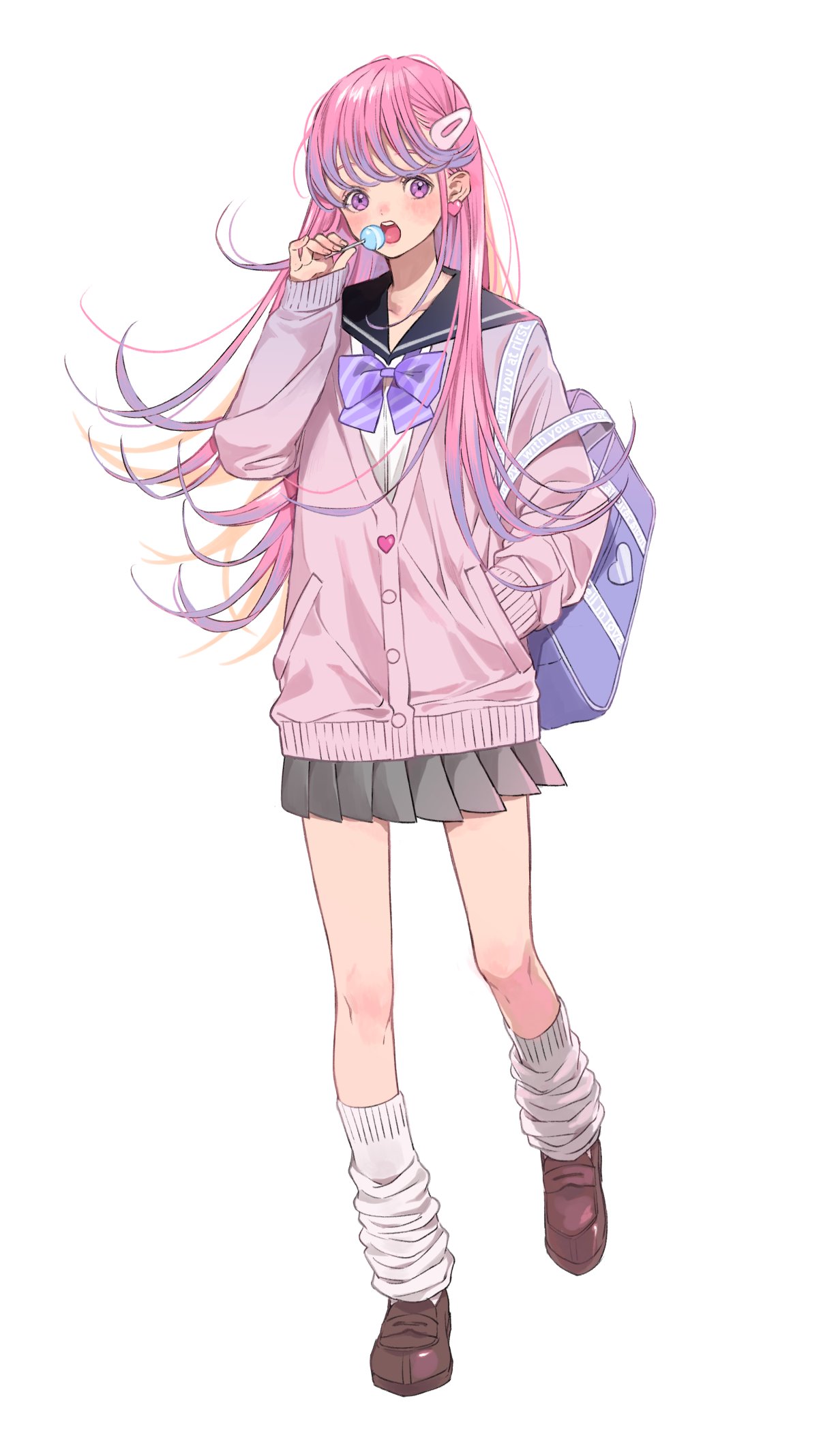 1girl, bag, blazer, bow, bowtie, buttons, candy, earrings