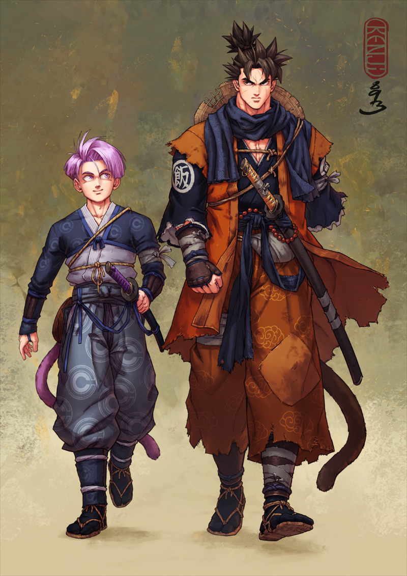 2boys, amputee, black_hair, dougi, dragon_ball, dragon_ball_z, guillem_dauden, hat, japanese_clothes, katana, male_focus, monkey_tail, multiple_boys, purple_hair, samurai, scar, scar_on_face, sheath, short_hair, son_gohan, son_gohan_(future), straw_hat, sword, tail, trunks_(dragon_ball), trunks_(future)_(dragon_ball), weapon