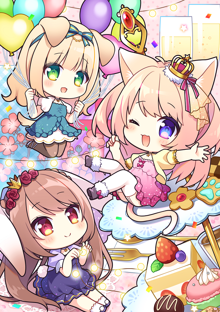 3girls, ;d, animal_ear_fluff, animal_ears, balloon, black_footwear, blonde_hair, blue_bow
