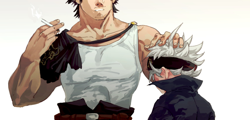 2boys, asta_(black_clover), black_bull_(emblem), black_clover, black_hair, black_headband, cigarette, facial_hair, grey_hair, headband, headpat, highres, himaeart, holding, holding_cigarette, multiple_boys, muscular, muscular_male, size_difference, stubble, tank_top, torn_capelet, white_background, white_tank_top, yami_sukehiro