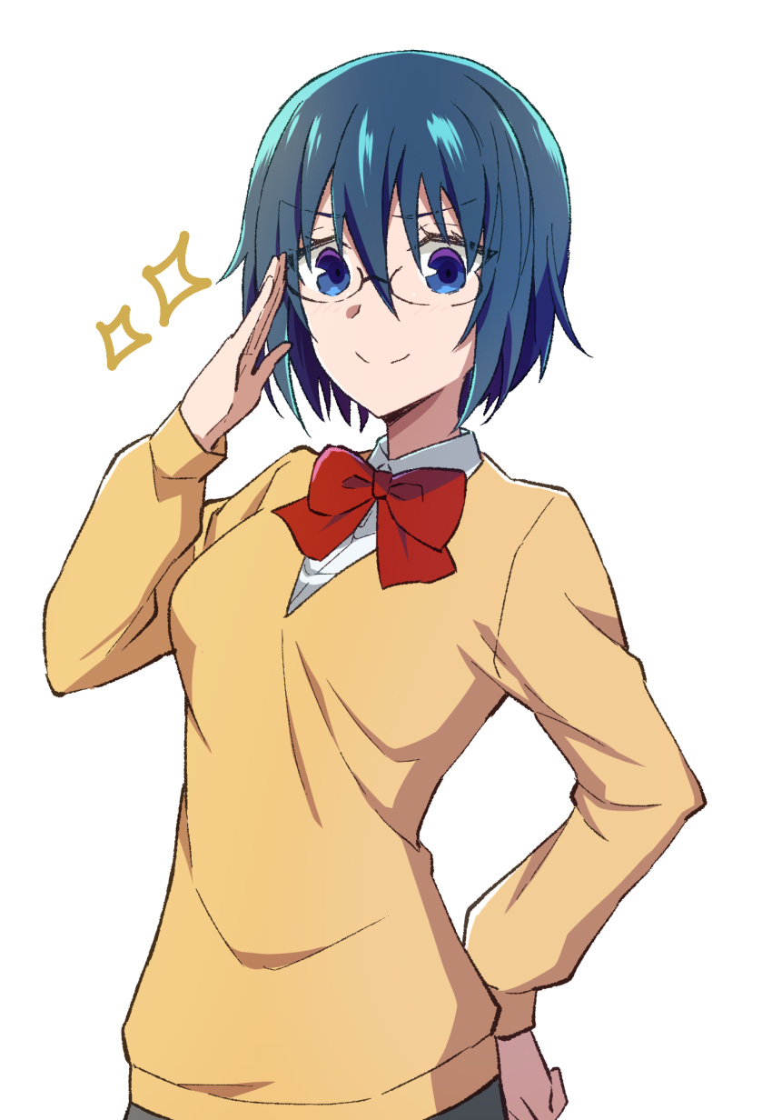 1girl, adjusting_eyewear, azami_masurao, bangs, blue_eyes, blue_hair, bow, bowtie