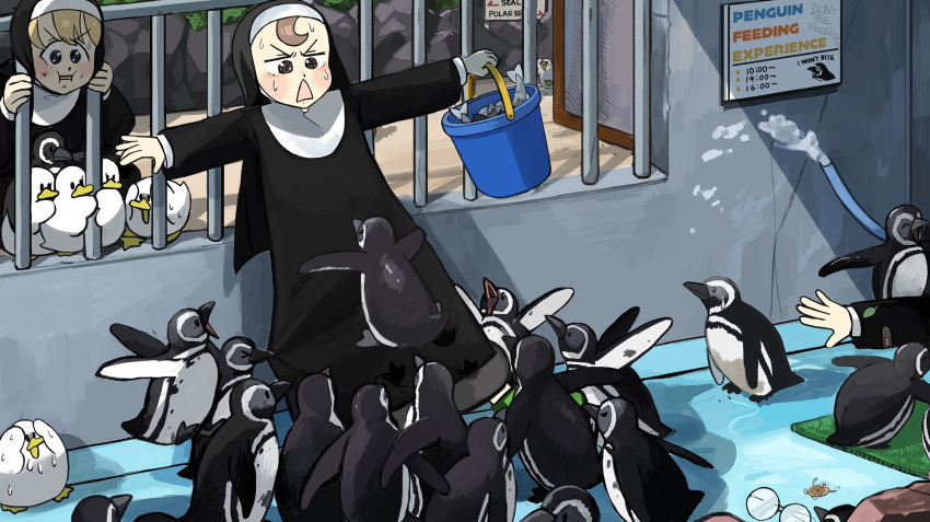 3girls, bandaid, bandaid_on_clothes, bird, blonde_hair, blue_eyes, brown_eyes, brown_hair