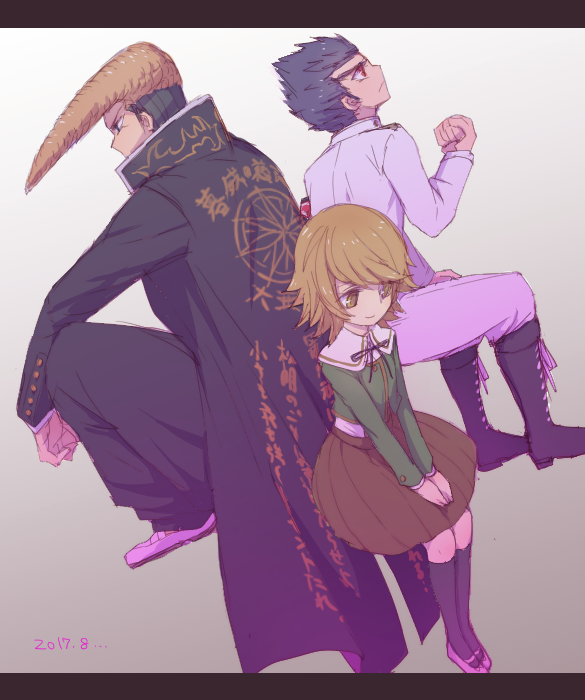 0aoiurn0, 3boys, bangs, black_hair, black_pants, brown_hair, brown_skirt, clenched_hand