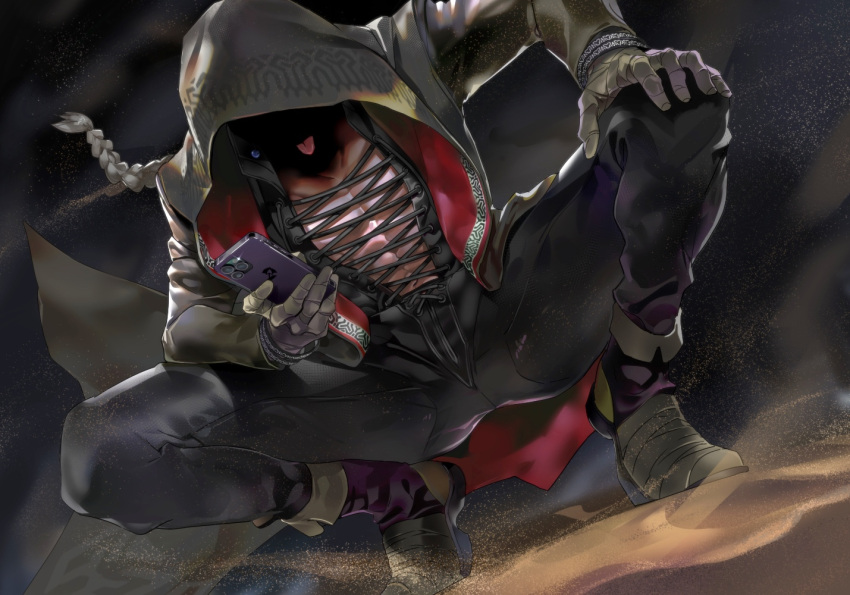 braid, cellphone, dark-skinned_male, dark_skin, faceless, holding, holding_phone, hood, hood_up, kukri_(kof), looking_at_phone, open_mouth, phone, sand, shaded_face, smartphone, snk, the_king_of_fighters, the_king_of_fighters_xiv, the_king_of_fighters_xv, tomcat_li, tongue, tongue_out, white_hair