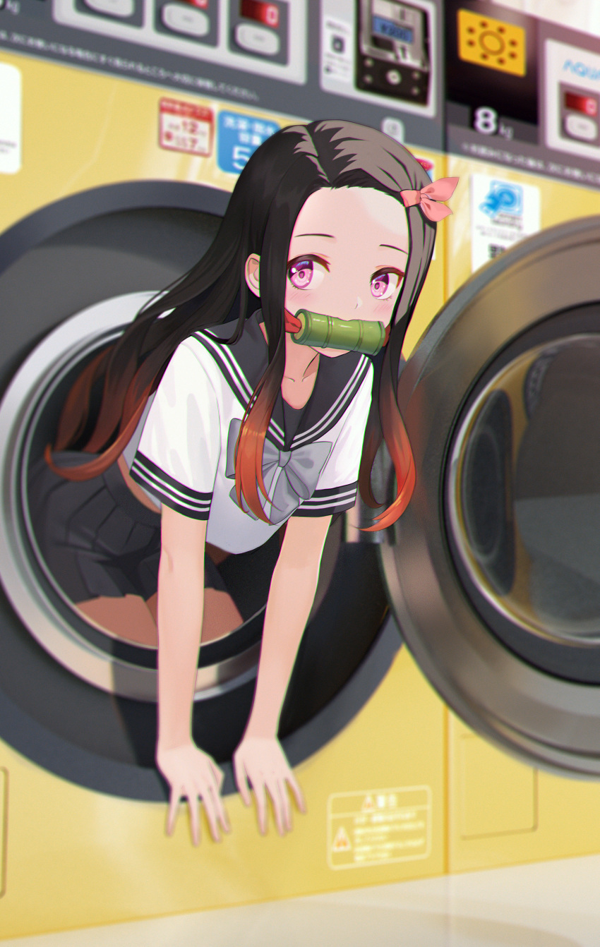 1girl, absurdres, alternate_costume, bit_gag, black_hair, black_sailor_collar, black_skirt, bow