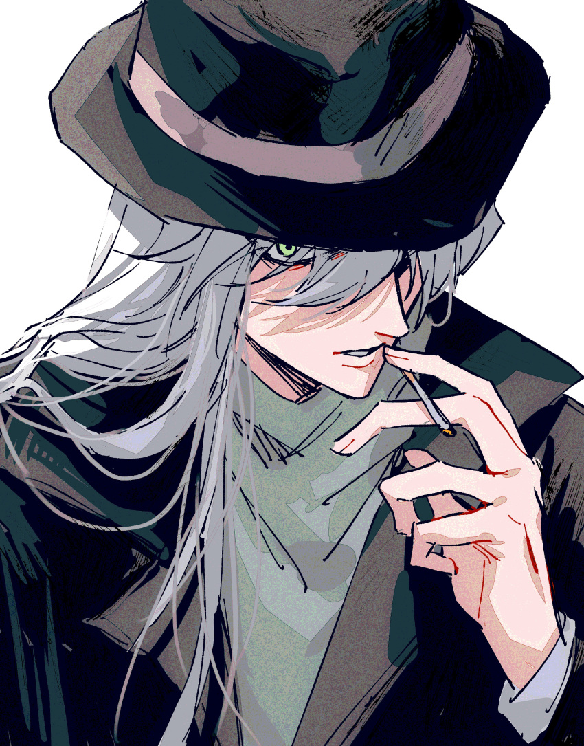 1boy, absurdres, ako_(eanaaati1), bangs, black_coat, cigarette, coat, commentary_request