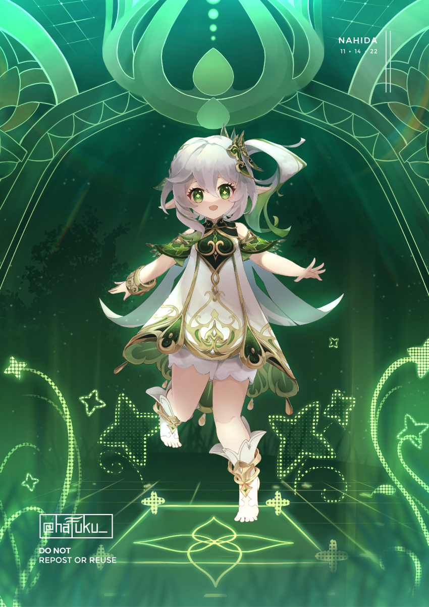 1girl, :d, absurdres, bangs, bloomers, bracelet, cape, commentary, detached_sleeves, dress, genshin_impact, gradient_hair, green_eyes, grey_hair, hafuku, hair_between_eyes, hair_ornament, highres, jewelry, long_hair, looking_at_viewer, magic_circle, multicolored_hair, nahida_(genshin_impact), outstretched_arms, playing, pointy_ears, short_sleeves, side_ponytail, sidelocks, smile, solo, spread_arms, standing, standing_on_one_leg, stirrup_legwear, symbol-shaped_pupils, toeless_legwear, toes, underwear, white_dress