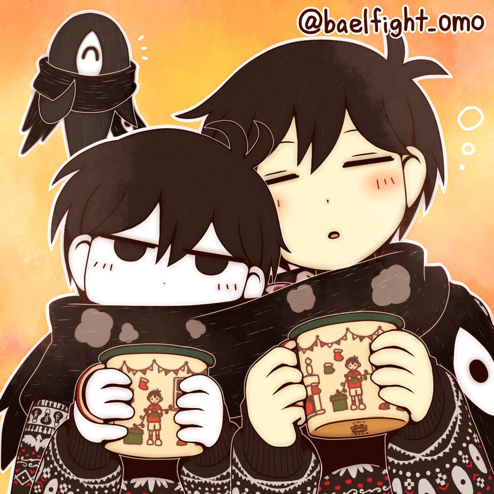 2boys, alternate_costume, black_eyes, black_hair, black_scarf, blush, christmas_sweater, closed_eyes