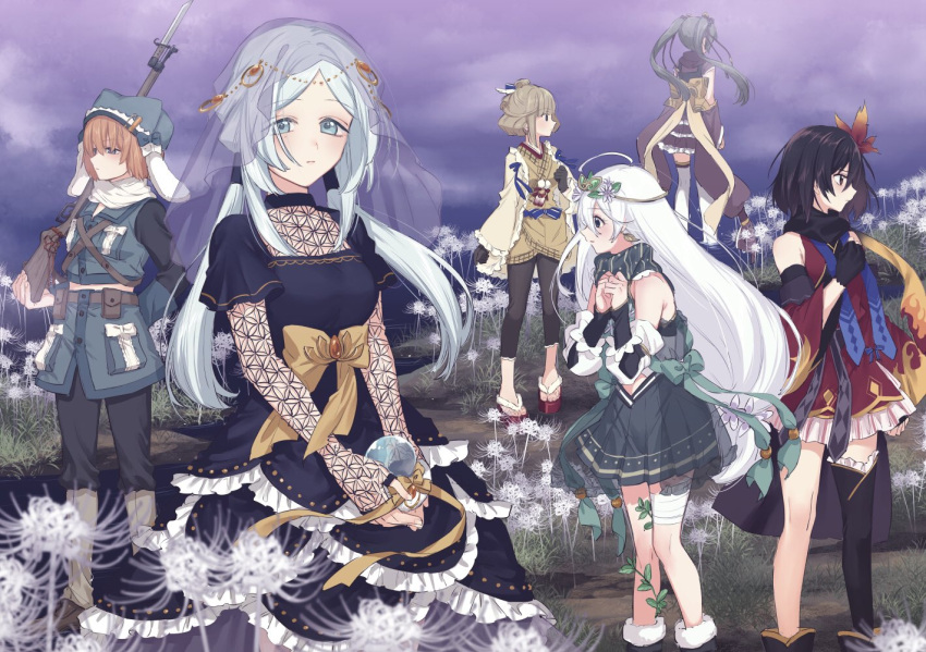6+girls, ahoge, aoba_chika, aqua_ribbon, arm_at_side, arm_behind_back, back_bow, ball