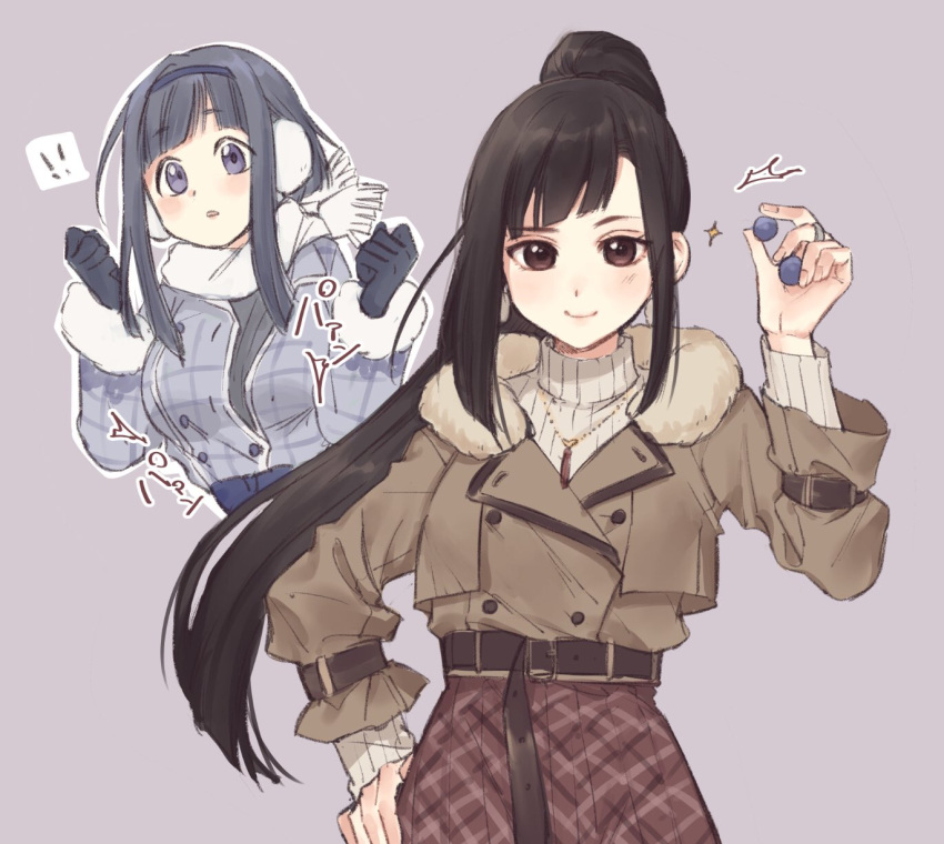2girls, ahoge, asymmetrical_bangs, bangs, belt, black_gloves, black_hair, black_hairband