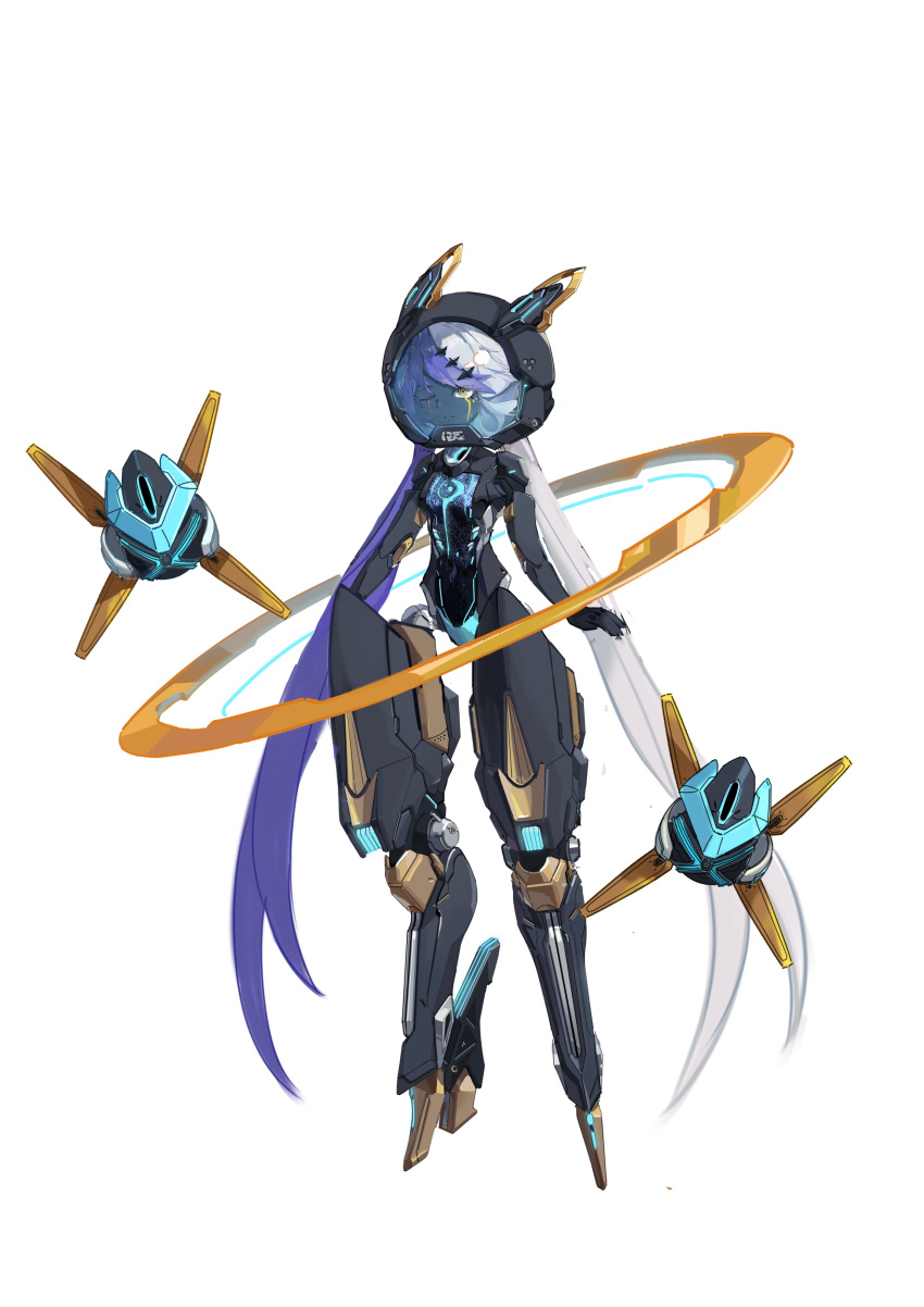 1girl, absurdres, android, arms_at_sides, black_skin, blue_hair, colored_skin, drone