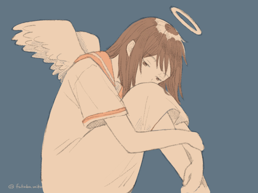 1girl, angel_wings, bangs, blue_background, brown_eyes, brown_hair, covered_mouth, dress